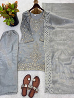 Premium Choo Silk Embroidered Palazzo Set with Cutwork Dupatta
