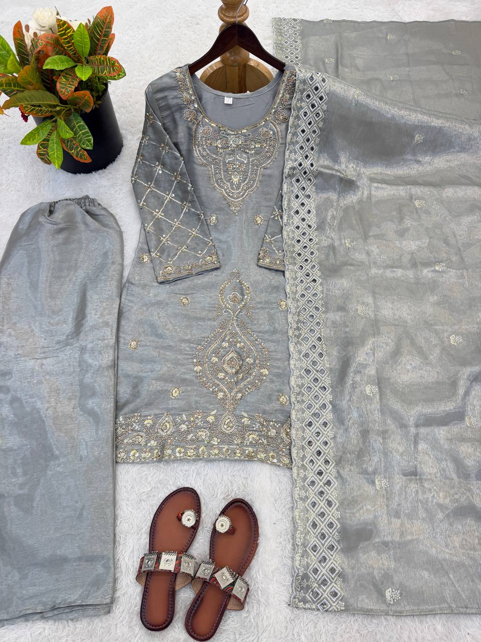 Premium Choo Silk Embroidered Palazzo Set with Cutwork Dupatta