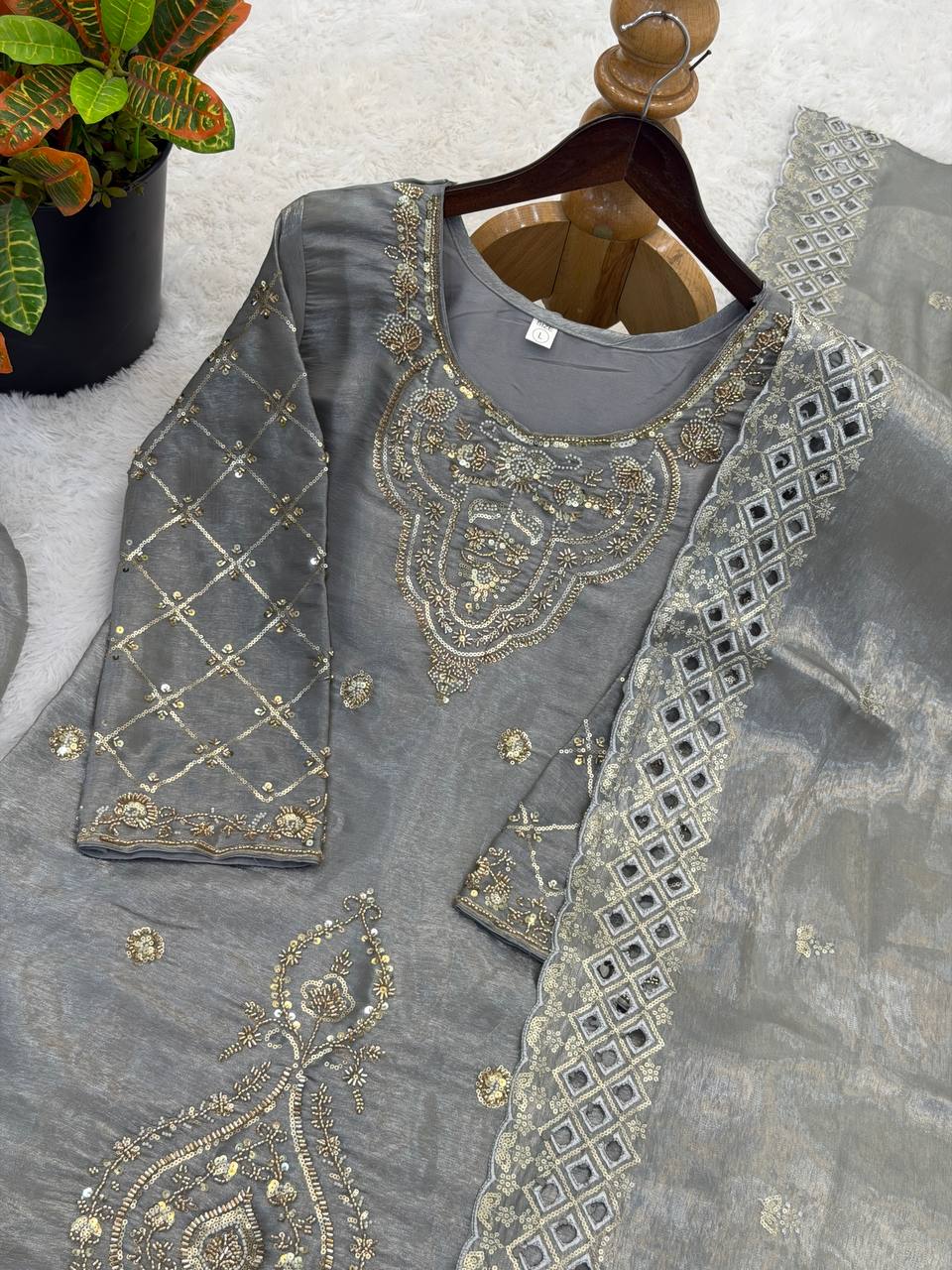 Premium Choo Silk Embroidered Palazzo Set with Cutwork Dupatta