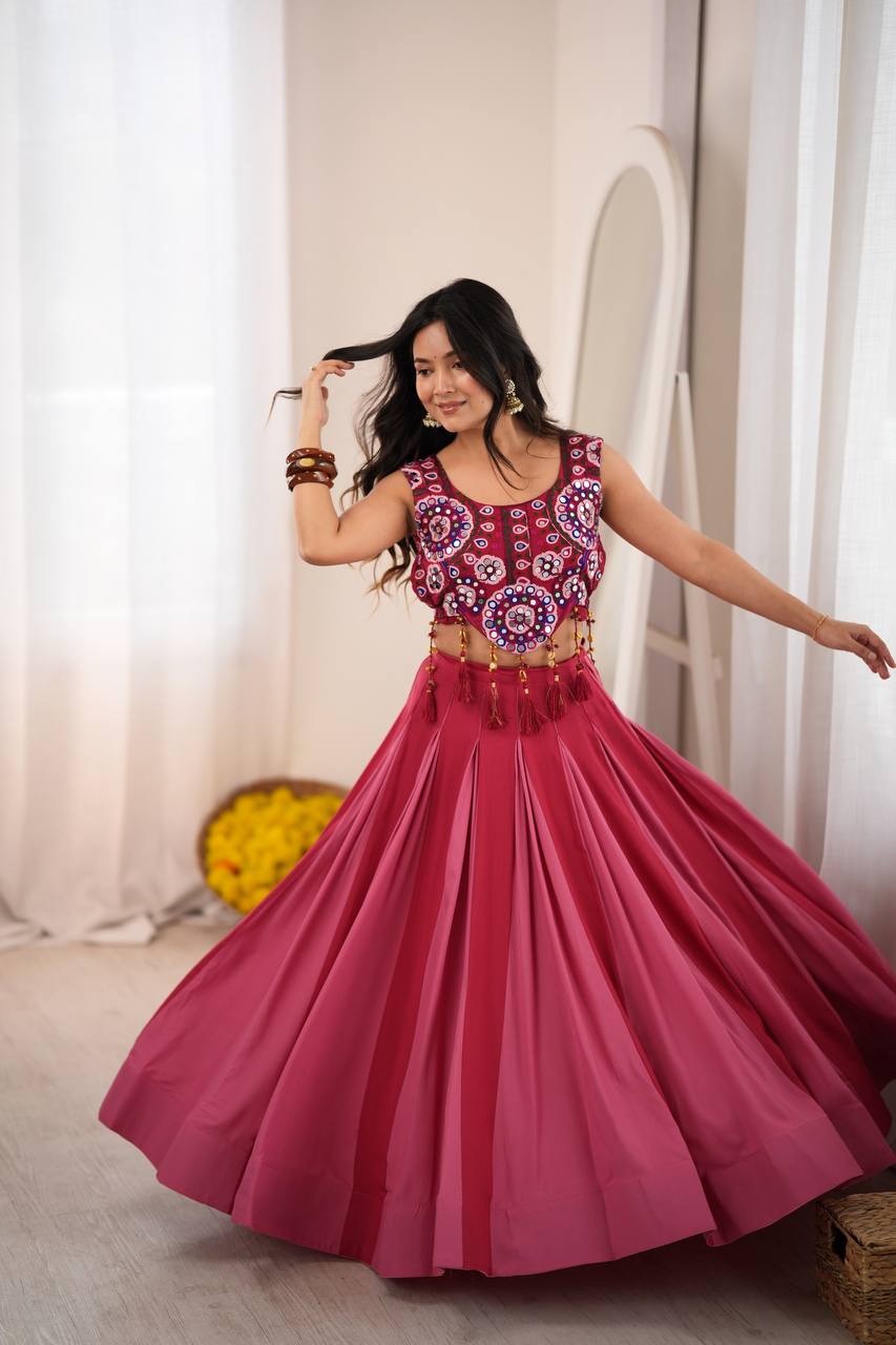 Aafreen Heavy Rayon Designer Lehenga Choli with Fancy Lagdi Patta Lace, 5 Meter Flair & Mirror Work Blouse