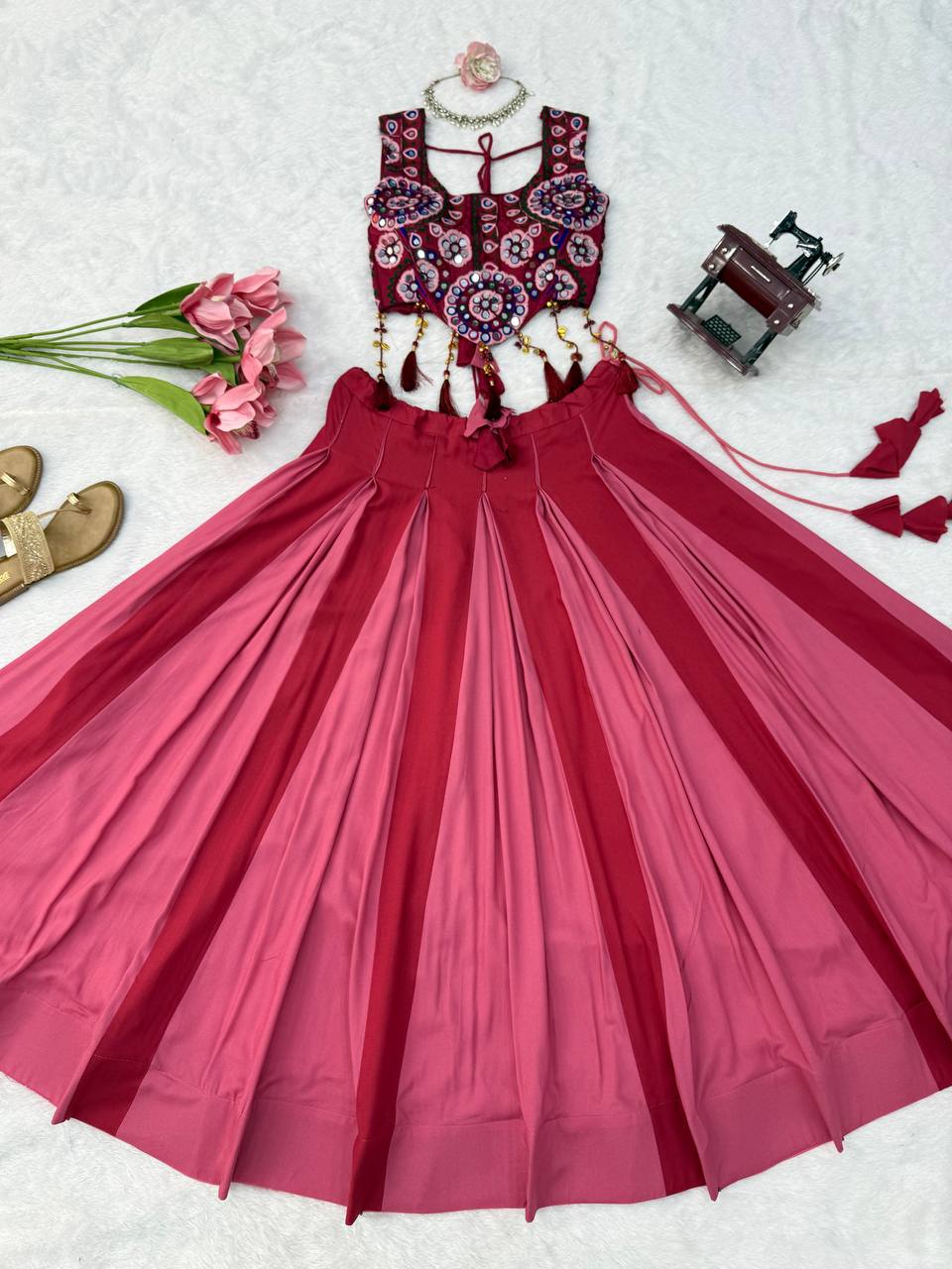 Aafreen Heavy Rayon Designer Lehenga Choli with Fancy Lagdi Patta Lace, 5 Meter Flair & Mirror Work Blouse