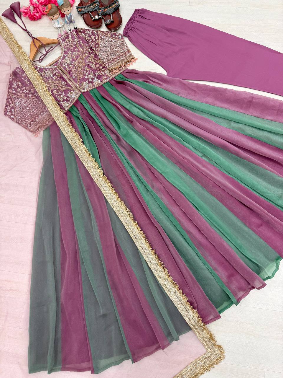 Vionna Luxury Moss Silk Anarkali Suit with Intricate Beadwork, Full Flared Gown, Net Dupatta & Pant