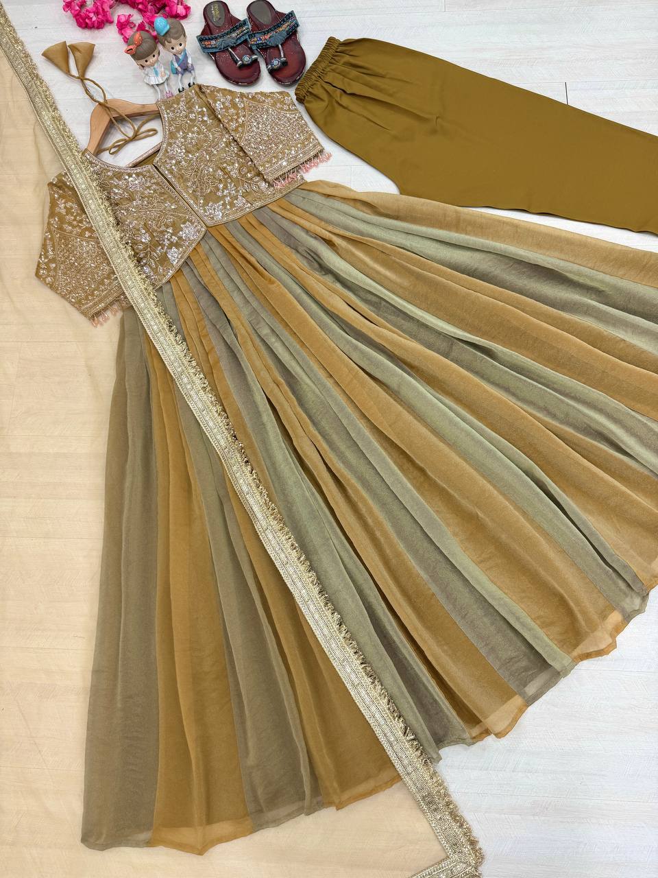 Vionna Luxury Moss Silk Anarkali Suit with Intricate Beadwork, Full Flared Gown, Net Dupatta & Pant