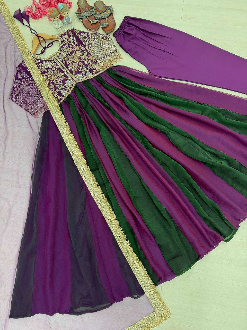Vionna Luxury Moss Silk Anarkali Suit with Intricate Beadwork, Full Flared Gown, Net Dupatta & Pant