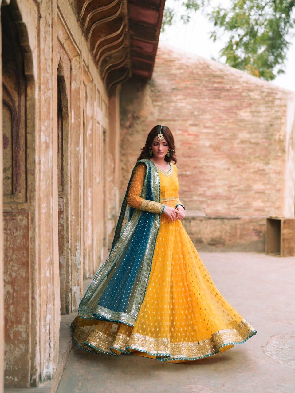 Aarna Soft Net Embroidered Gown with Lehenga & Gota Patti Dupatta Set