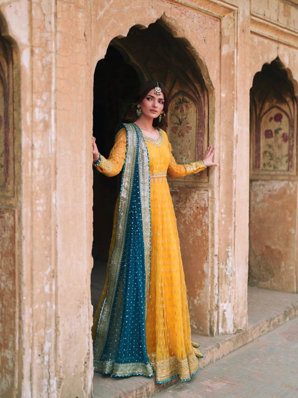 Aarna Soft Net Embroidered Gown with Lehenga & Gota Patti Dupatta Set