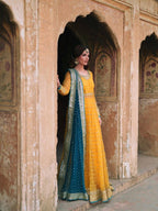 Aarna Soft Net Embroidered Gown with Lehenga & Gota Patti Dupatta Set