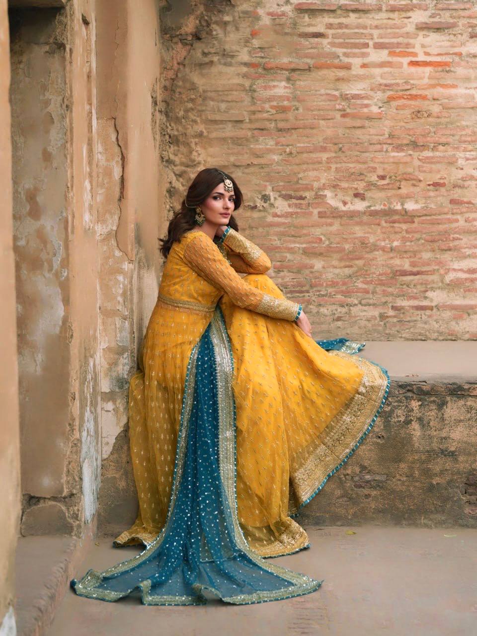 Aarna Soft Net Embroidered Gown with Lehenga & Gota Patti Dupatta Set