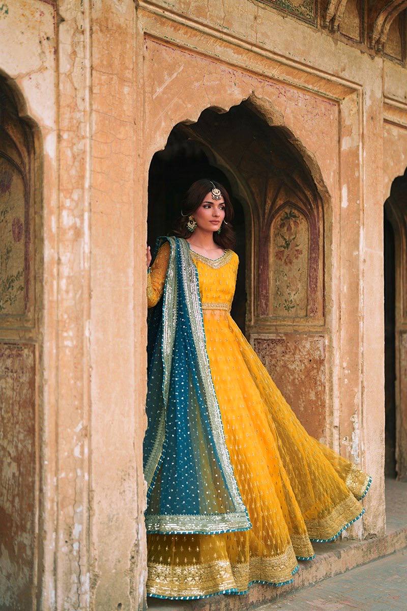 Aarna Soft Net Embroidered Gown with Lehenga & Gota Patti Dupatta Set