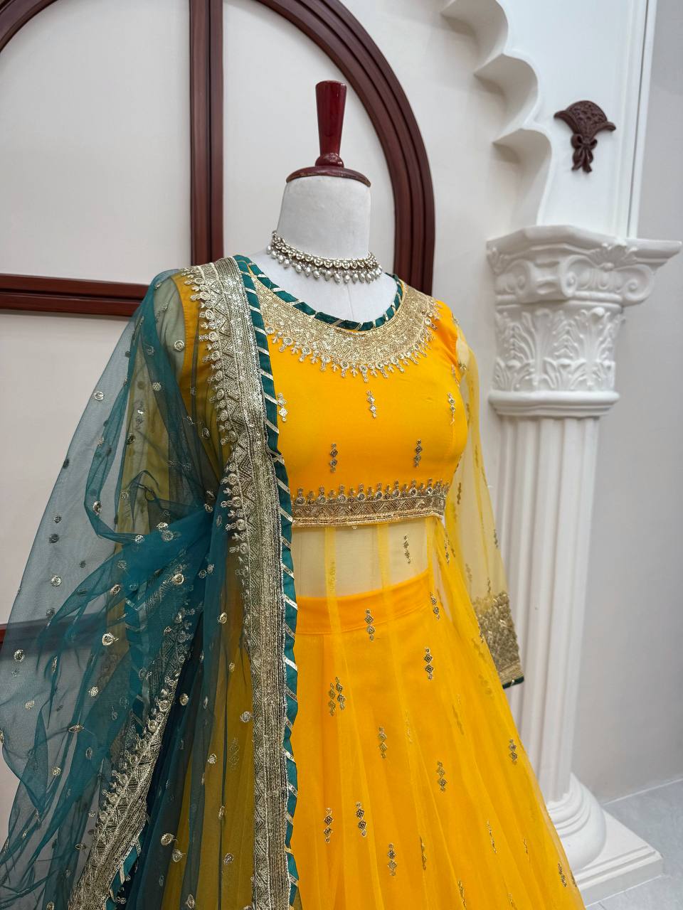 Aarna Soft Net Embroidered Gown with Lehenga & Gota Patti Dupatta Set