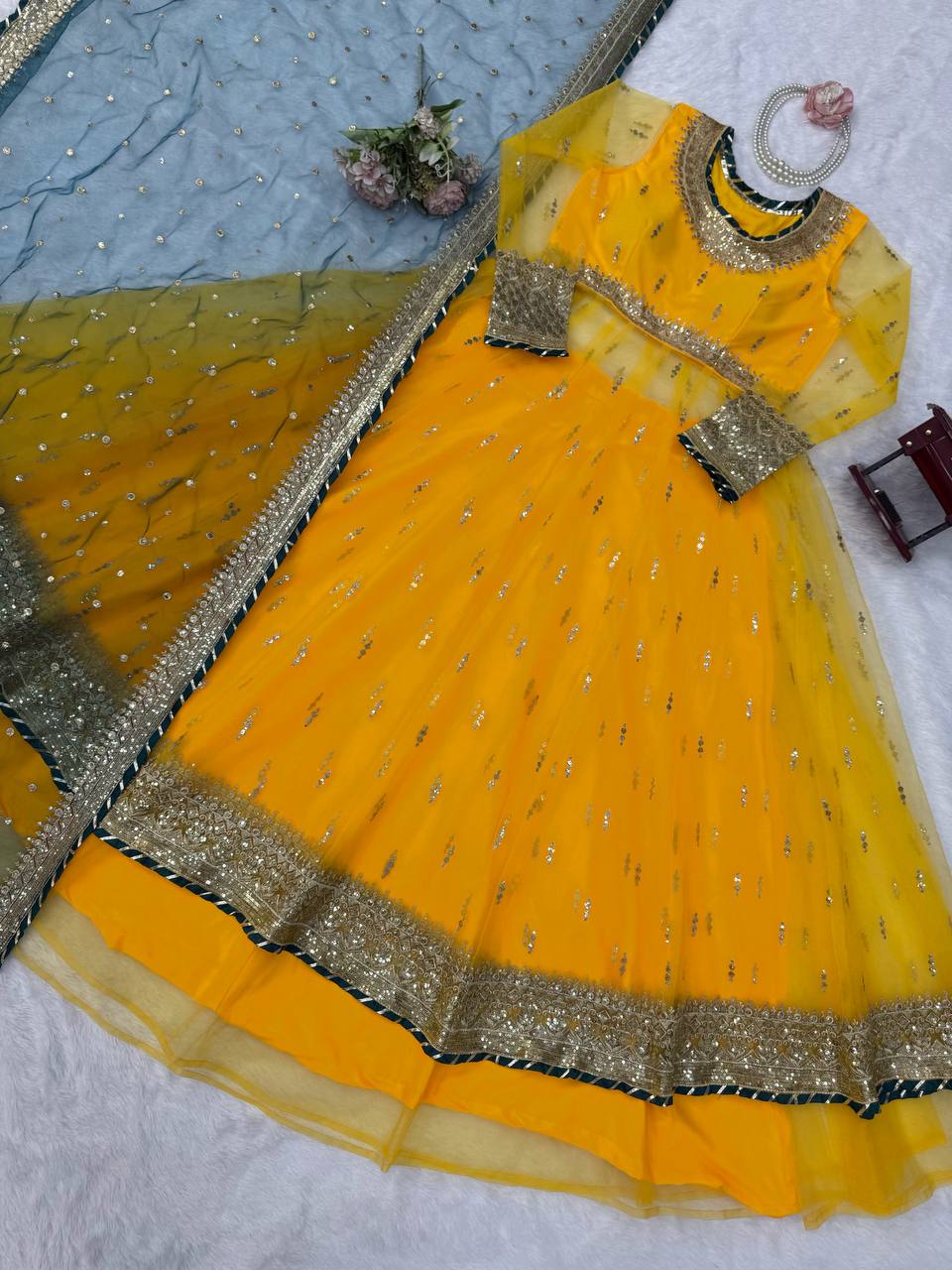 Aarna Soft Net Embroidered Gown with Lehenga & Gota Patti Dupatta Set