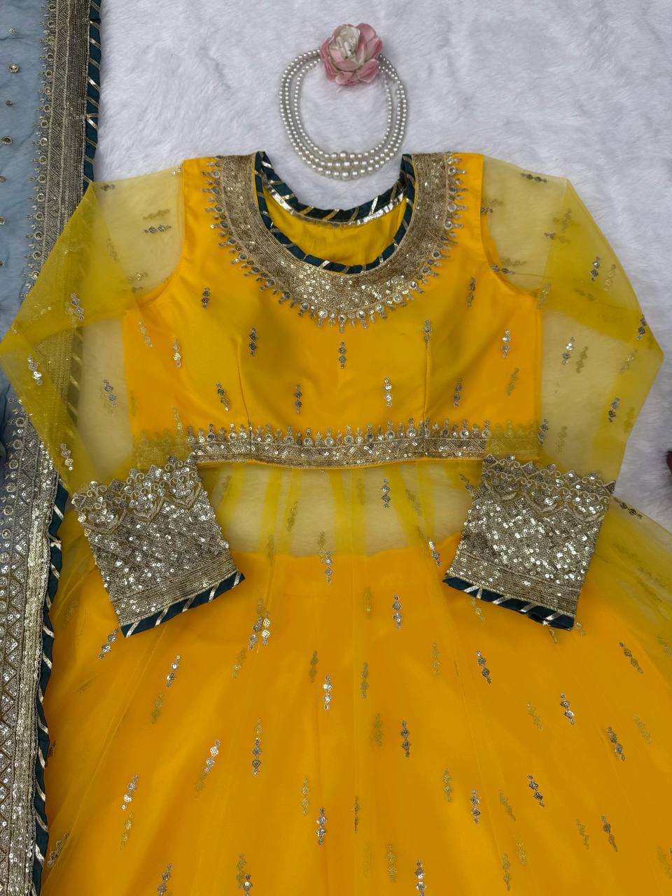 Aarna Soft Net Embroidered Gown with Lehenga & Gota Patti Dupatta Set