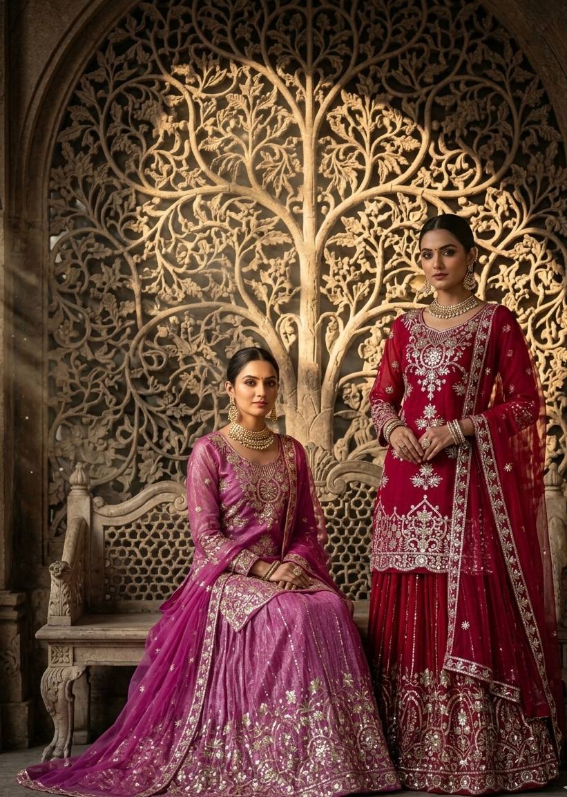 Zarisha Organza Twine Net Sequins Embroidered Sharara Suit with Dupatta