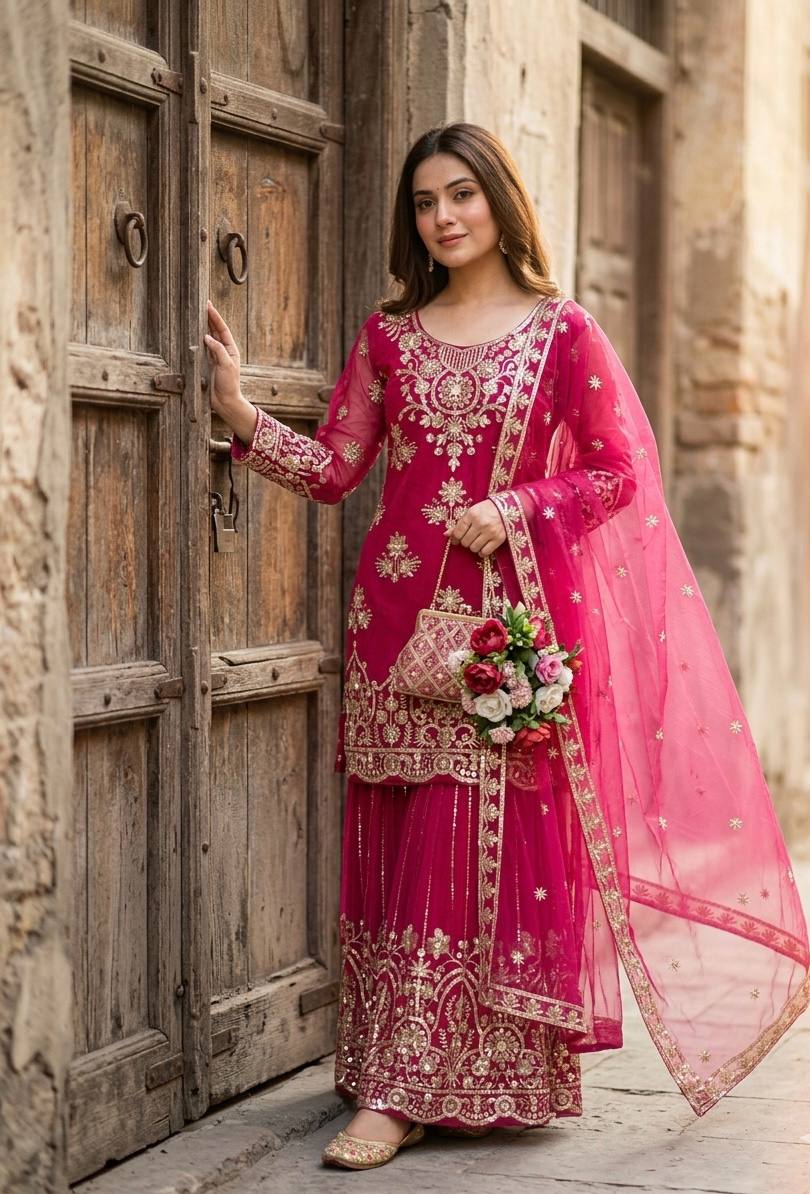 Zarisha Organza Twine Net Sequins Embroidered Sharara Suit with Dupatta