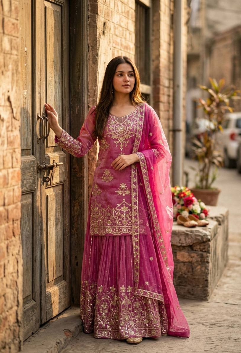 Zarisha Organza Twine Net Sequins Embroidered Sharara Suit with Dupatta