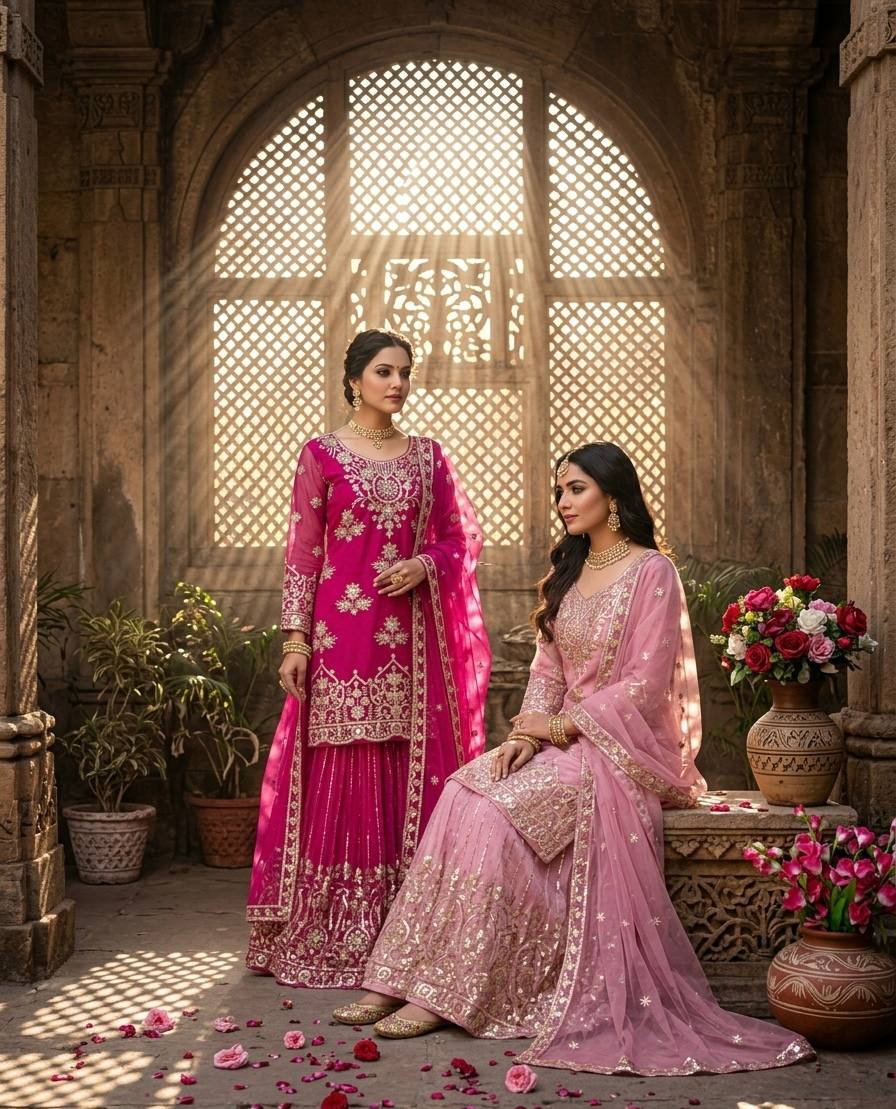 Zarisha Organza Twine Net Sequins Embroidered Sharara Suit with Dupatta