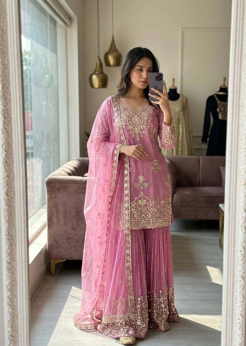 Zarisha Organza Twine Net Sequins Embroidered Sharara Suit with Dupatta