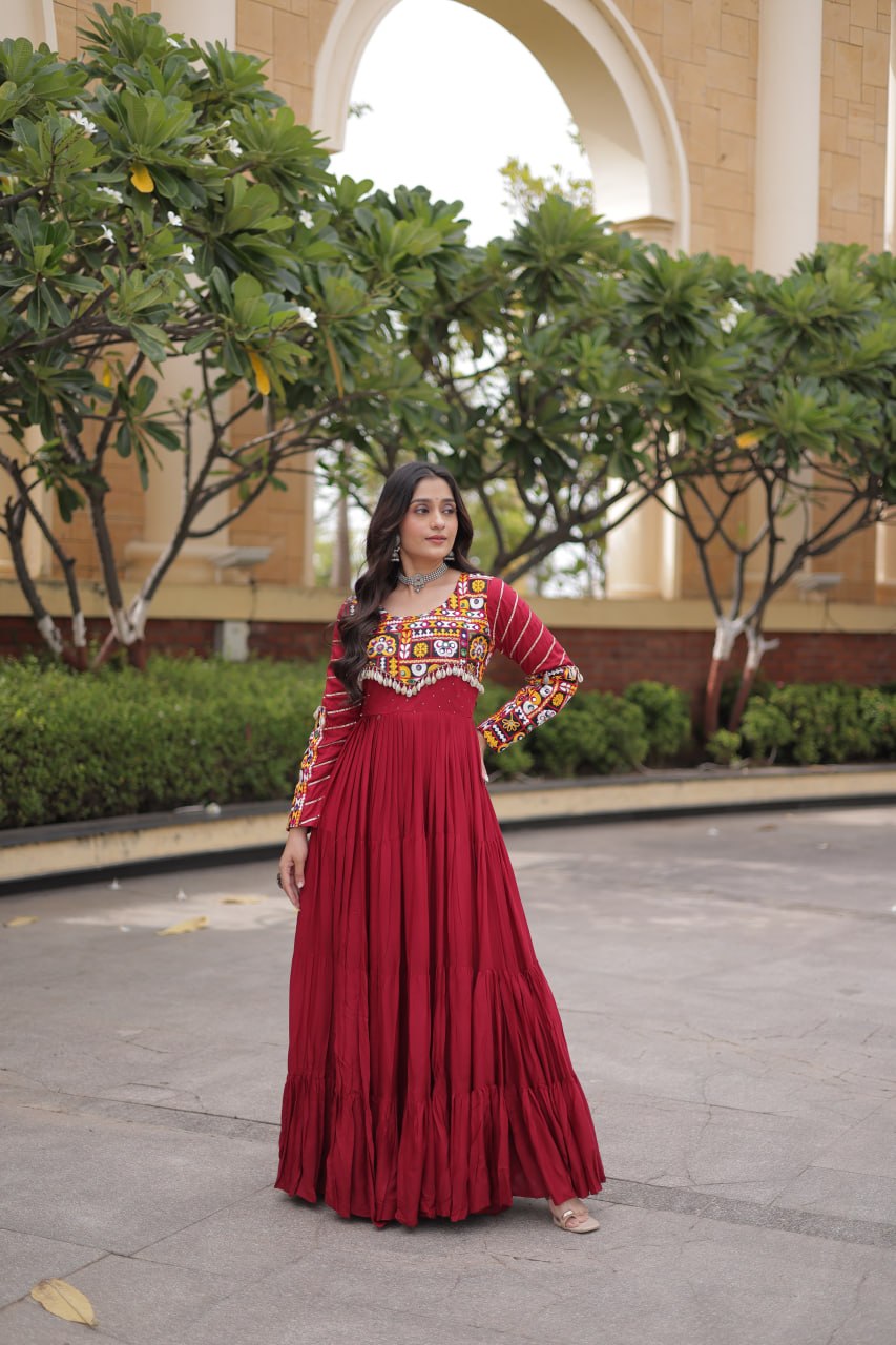 Meherbaan  Rayon Mukaish & Gamthi Embroidered Gown with Mirror Work, Gota Patti, Codi Lace