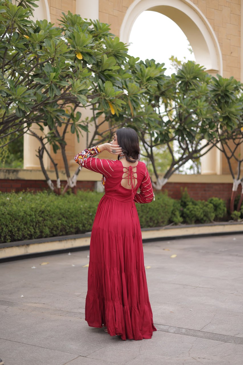Meherbaan  Rayon Mukaish & Gamthi Embroidered Gown with Mirror Work, Gota Patti, Codi Lace