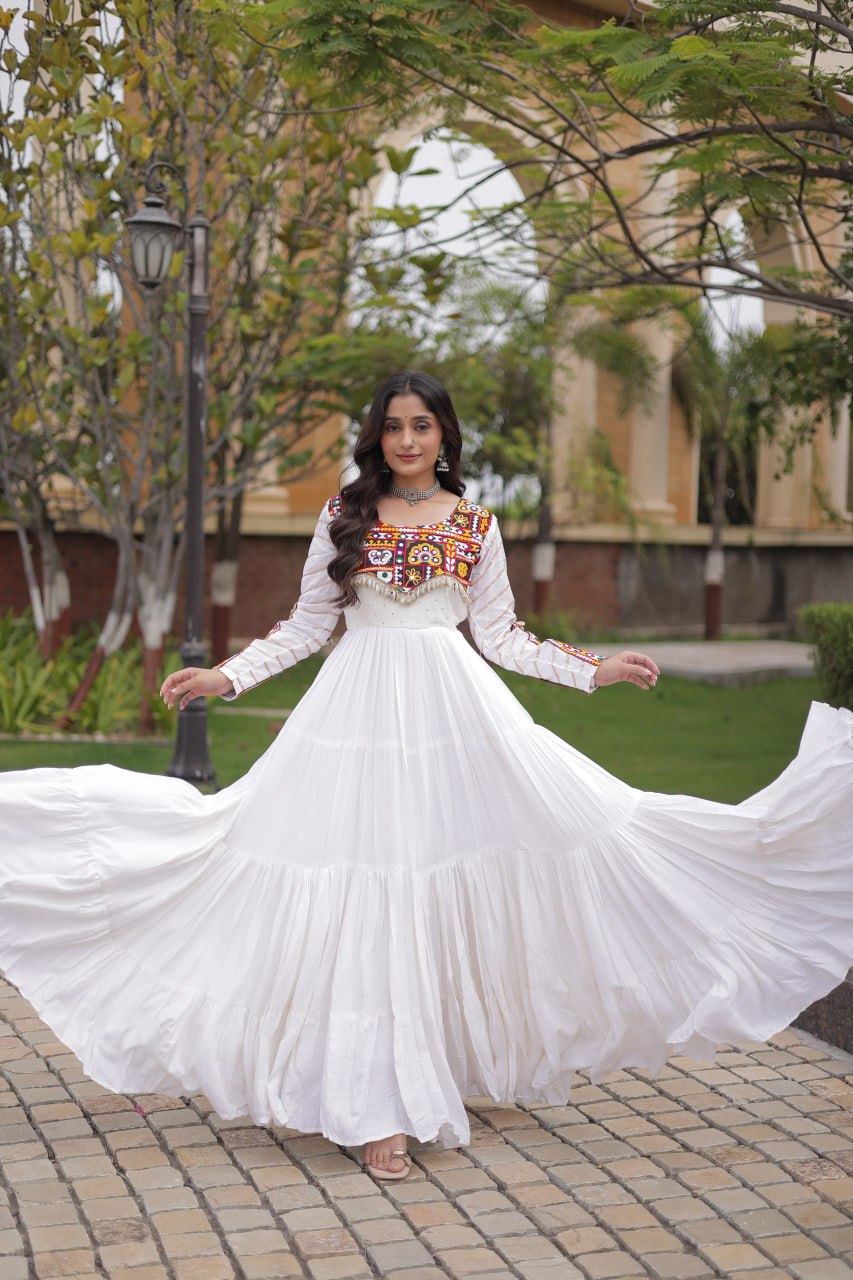 Meherbaan  Rayon Mukaish & Gamthi Embroidered Gown with Mirror Work, Gota Patti, Codi Lace