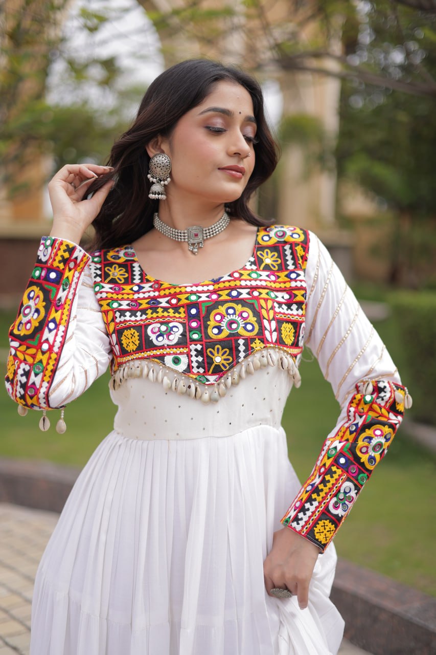 Meherbaan  Rayon Mukaish & Gamthi Embroidered Gown with Mirror Work, Gota Patti, Codi Lace