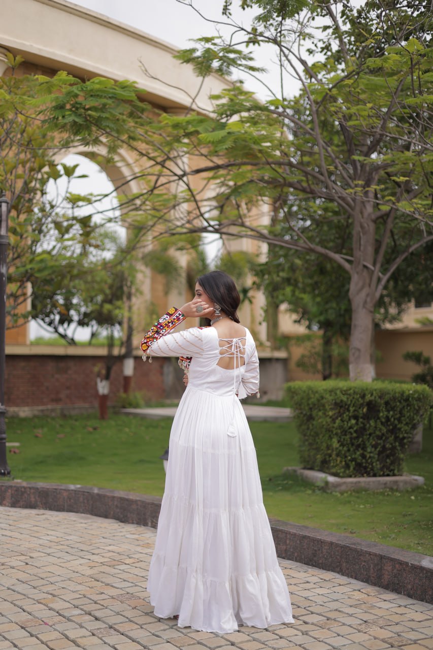 Meherbaan  Rayon Mukaish & Gamthi Embroidered Gown with Mirror Work, Gota Patti, Codi Lace