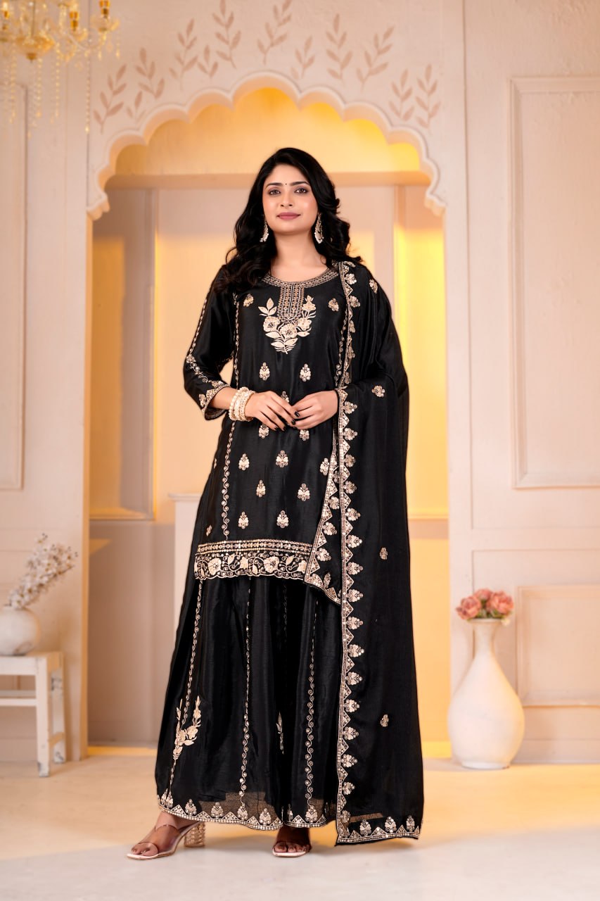 Aarzoo Chinon Designer Sharara Suit with Sequin Embroidery, Fully Stitched Sharara & Matching Embroidered Dupatta