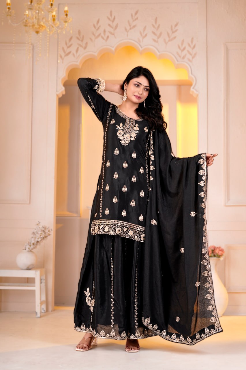Aarzoo Chinon Designer Sharara Suit with Sequin Embroidery, Fully Stitched Sharara & Matching Embroidered Dupatta