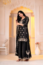 Aarzoo Chinon Designer Sharara Suit with Sequin Embroidery, Fully Stitched Sharara & Matching Embroidered Dupatta