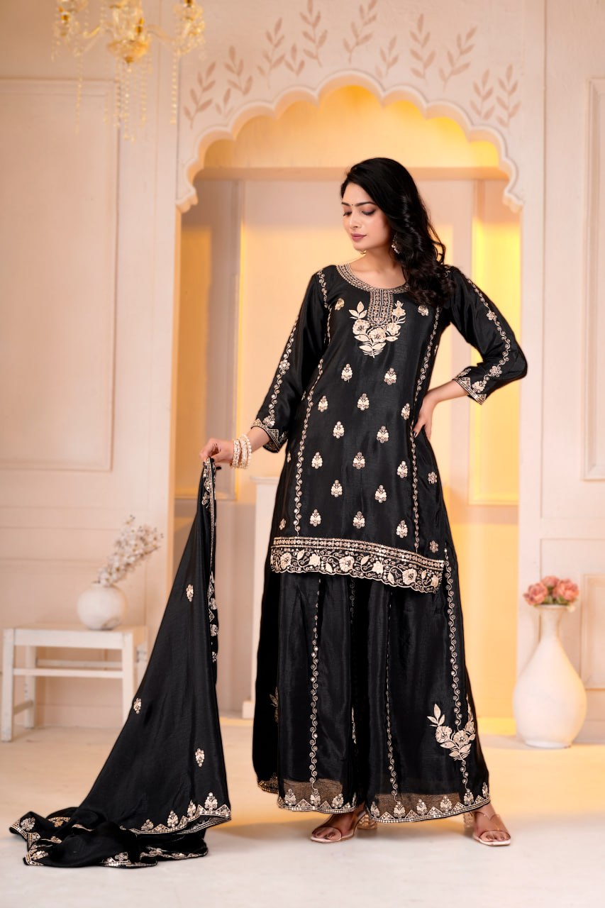 Aarzoo Chinon Designer Sharara Suit with Sequin Embroidery, Fully Stitched Sharara & Matching Embroidered Dupatta