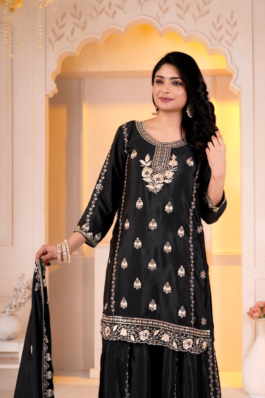 Aarzoo Chinon Designer Sharara Suit with Sequin Embroidery, Fully Stitched Sharara & Matching Embroidered Dupatta