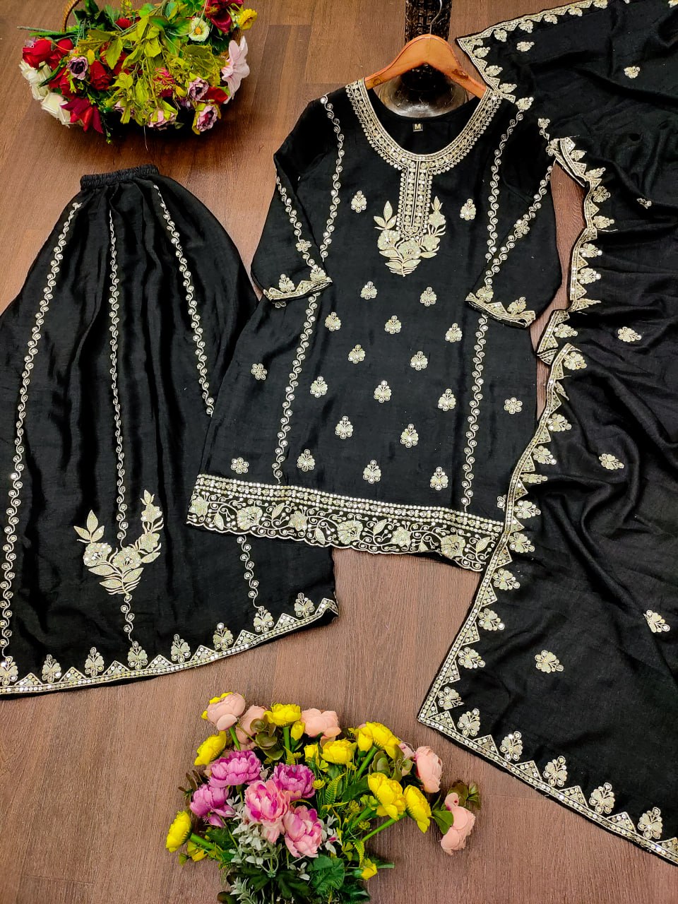 Aarzoo Chinon Designer Sharara Suit with Sequin Embroidery, Fully Stitched Sharara & Matching Embroidered Dupatta