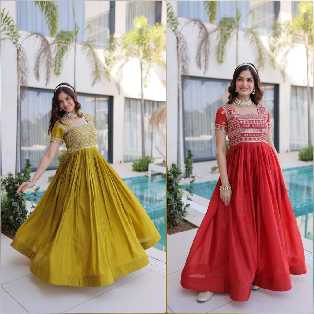 Gorgeous Mehandi Sequins & Pipe Beads Embroidered Designer Gown