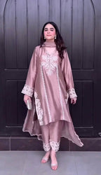 Zehra Heavy Natural Crepe Silk Farshi Salwar Suit with Coding Sequin Embroidery, Moti Hand Work & Organza Dupatta