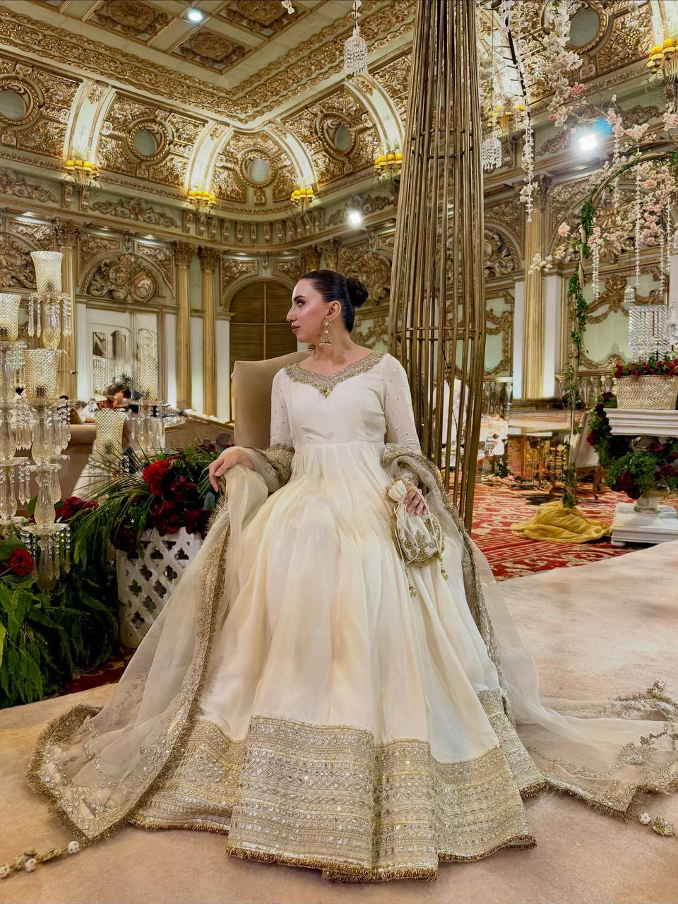 Mahira Vichitra Anarkali Suit with Thread & Sequin Work, Micro Cotton Pant & Organza Dupatta