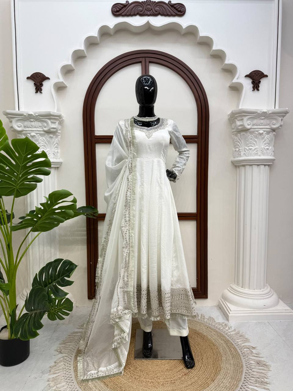 Mahira Vichitra Anarkali Suit with Thread & Sequin Work, Micro Cotton Pant & Organza Dupatta