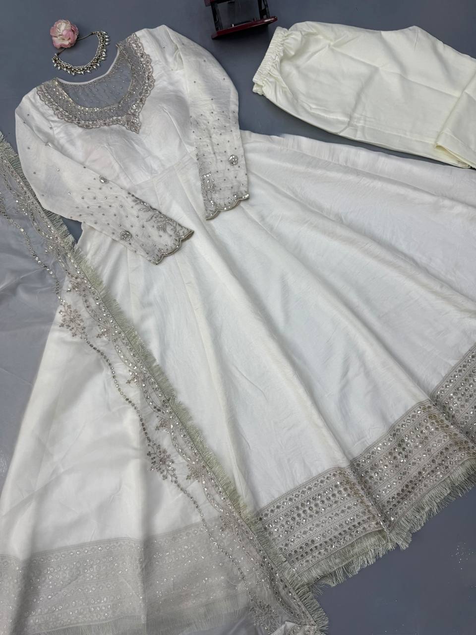 Mahira Vichitra Anarkali Suit with Thread & Sequin Work, Micro Cotton Pant & Organza Dupatta
