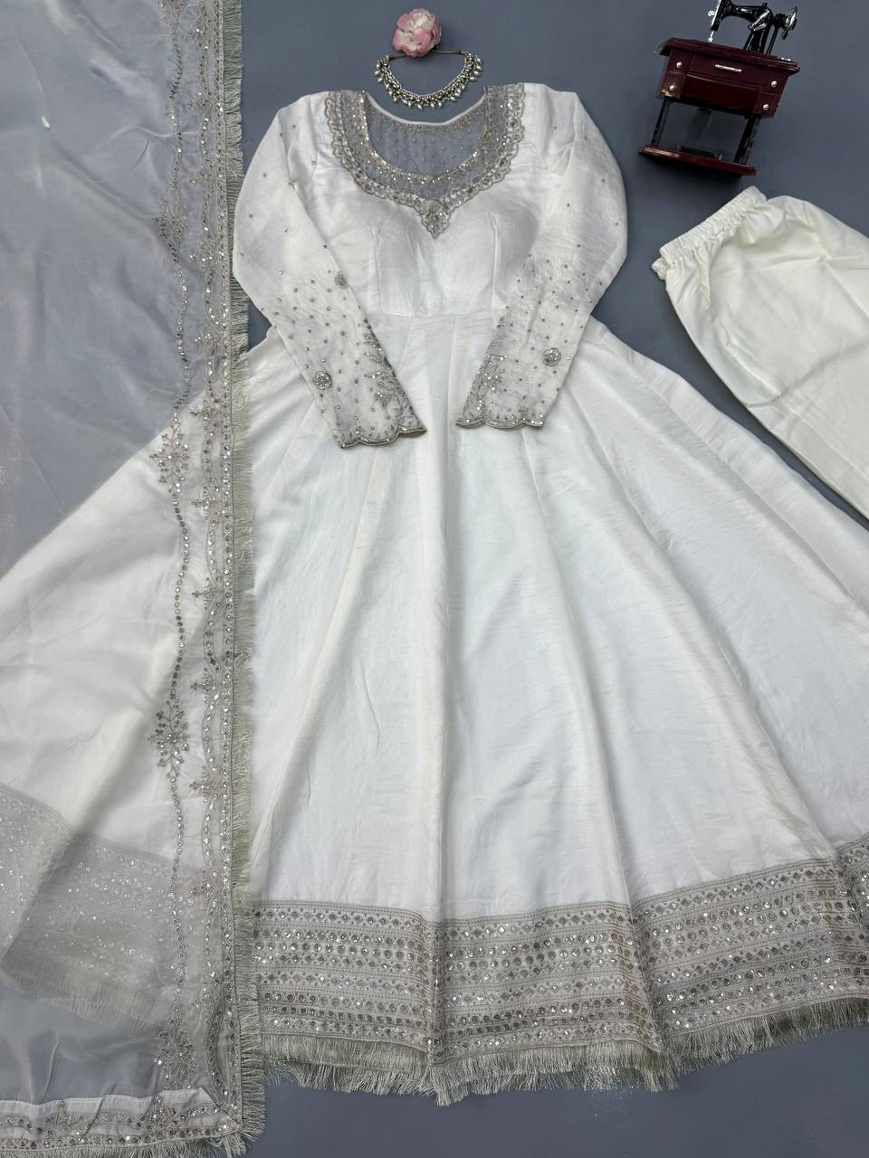 Mahira Vichitra Anarkali Suit with Thread & Sequin Work, Micro Cotton Pant & Organza Dupatta