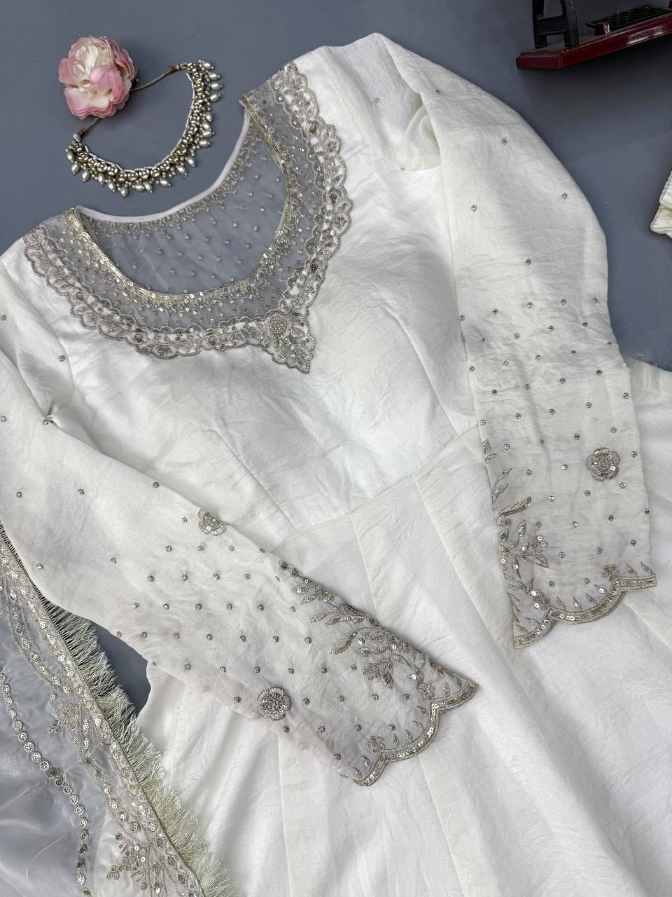 Mahira Vichitra Anarkali Suit with Thread & Sequin Work, Micro Cotton Pant & Organza Dupatta