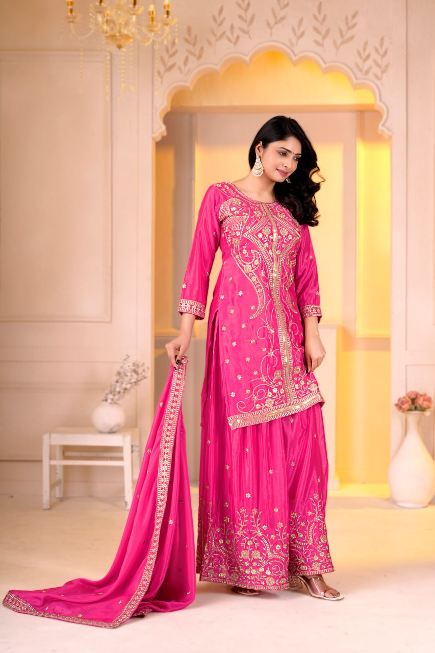 Naayra Chinon Designer Sharara Suit with Sequin Embroidery, Fully Stitched Sharara & Matching Embroidered Dupatta