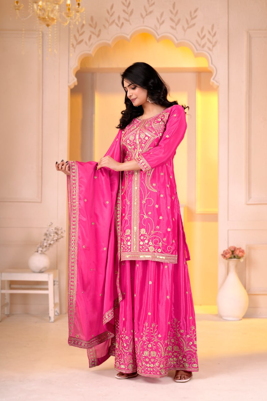 Naayra Chinon Designer Sharara Suit with Sequin Embroidery, Fully Stitched Sharara & Matching Embroidered Dupatta