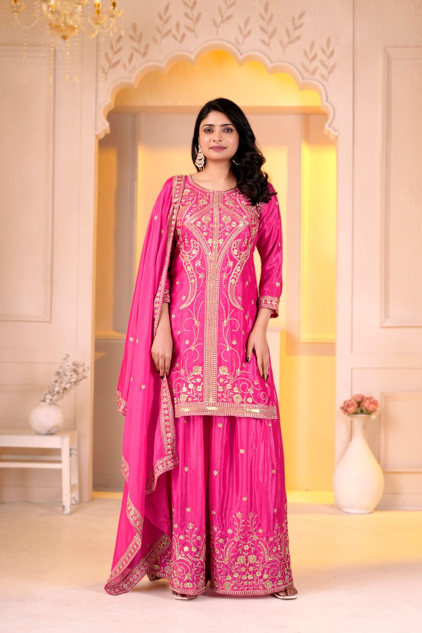 Naayra Chinon Designer Sharara Suit with Sequin Embroidery, Fully Stitched Sharara & Matching Embroidered Dupatta
