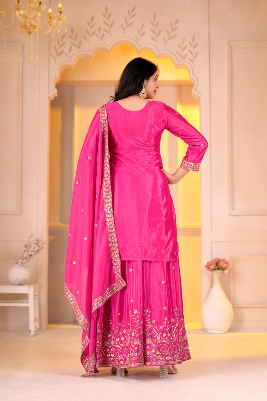 Naayra Chinon Designer Sharara Suit with Sequin Embroidery, Fully Stitched Sharara & Matching Embroidered Dupatta