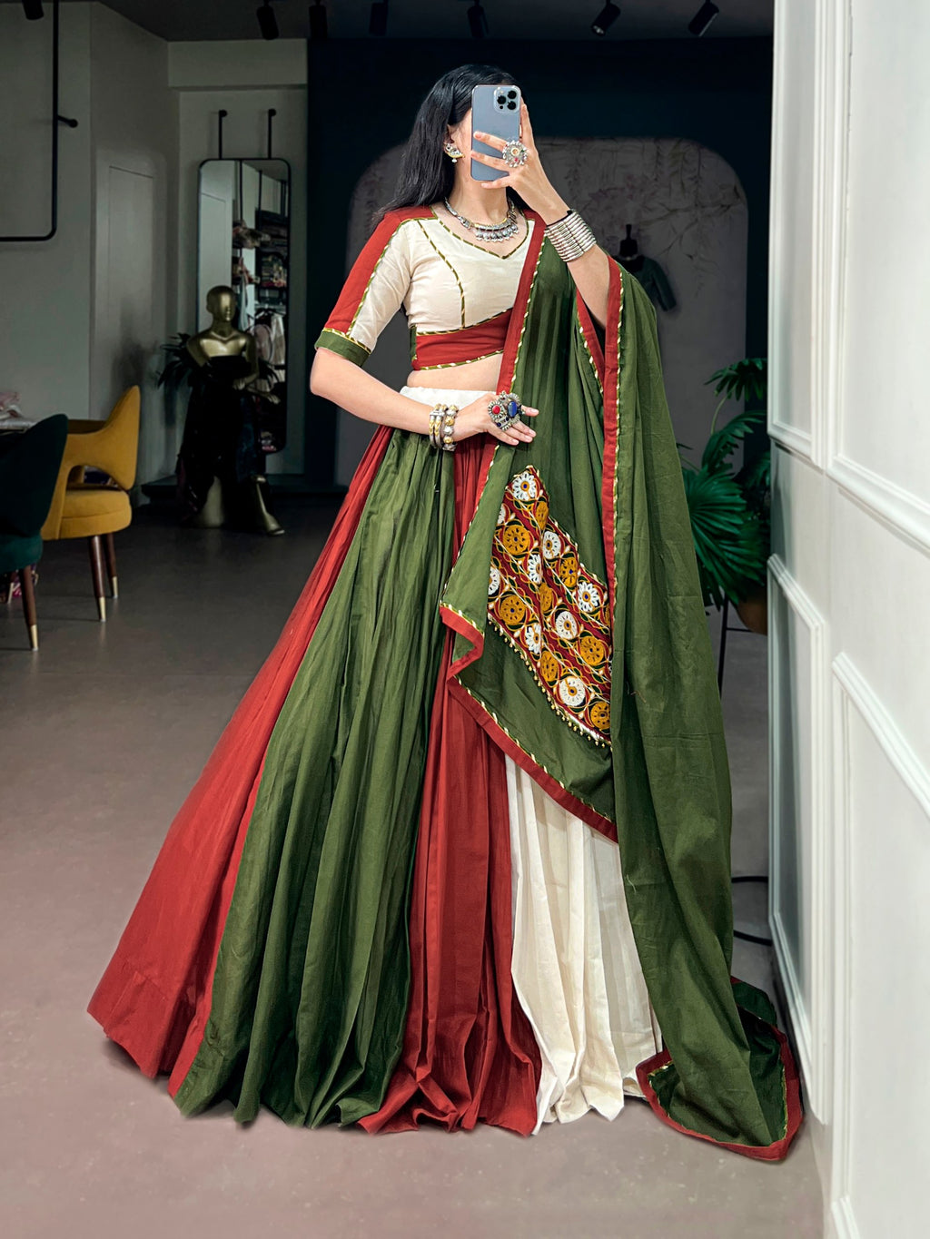 Meher Navratri 2026 Pure Cotton Gamthi Work Lehenga Choli with 8 Meter Flair, Gotta Patti Lace & Designer Dupatta