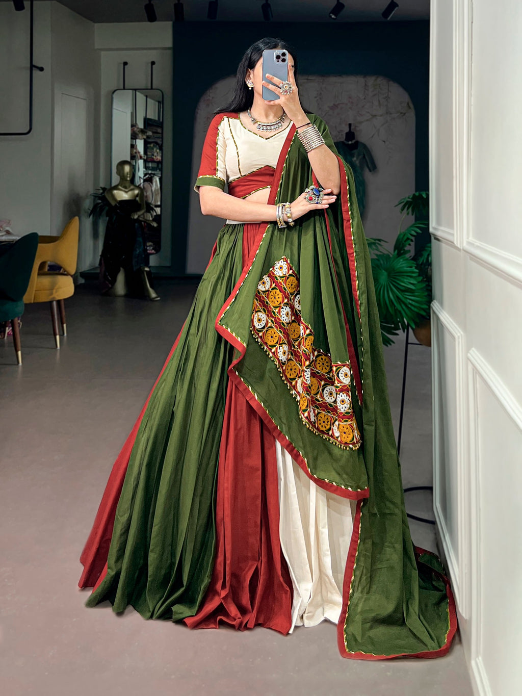 Meher Navratri 2026 Pure Cotton Gamthi Work Lehenga Choli with 8 Meter Flair, Gotta Patti Lace & Designer Dupatta