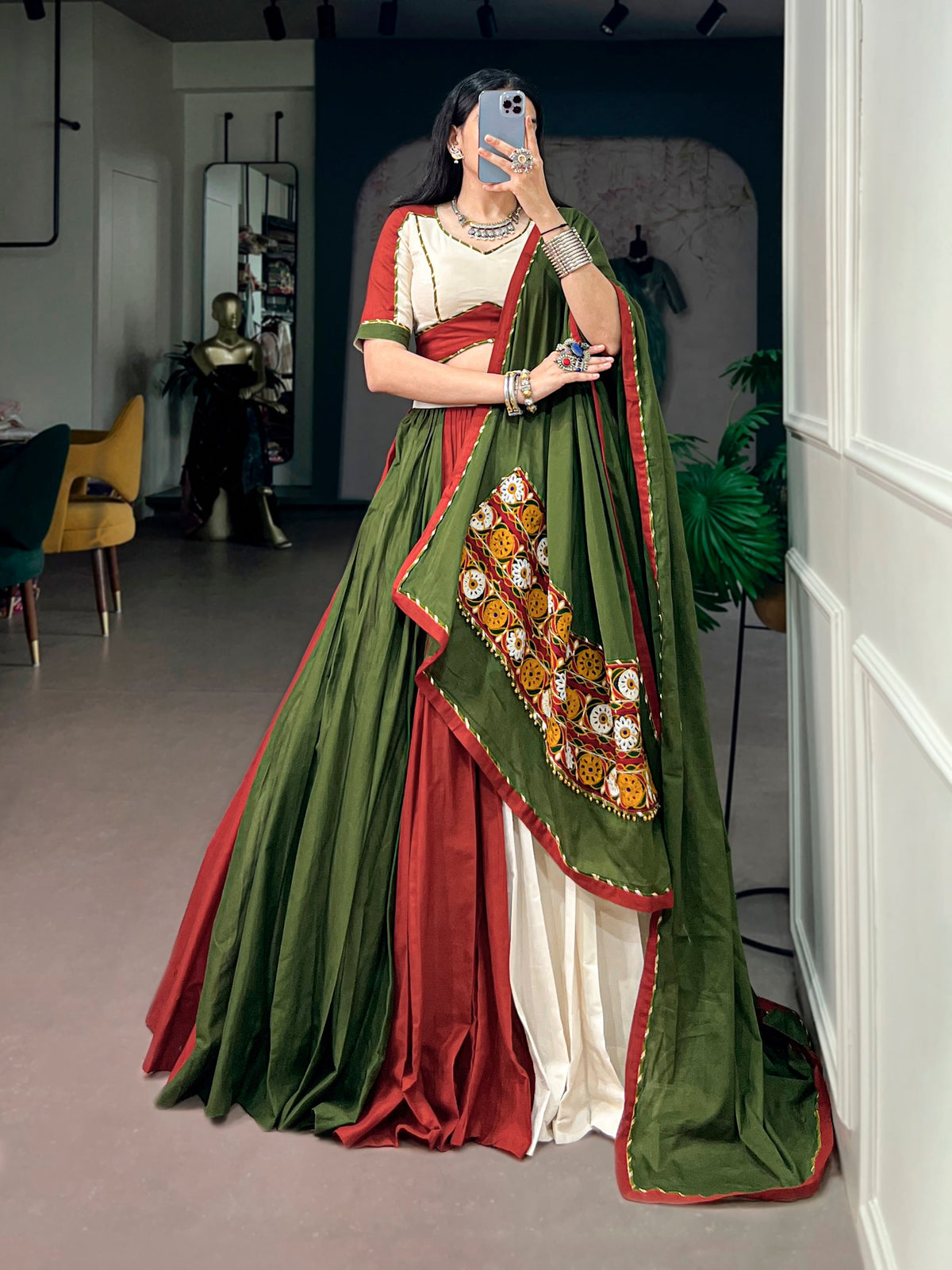 Meher Navratri 2026 Pure Cotton Gamthi Work Lehenga Choli with 8 Meter Flair, Gotta Patti Lace & Designer Dupatta