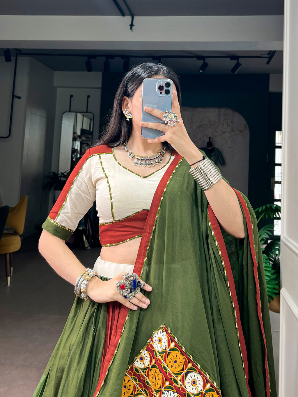 Meher Navratri 2026 Pure Cotton Gamthi Work Lehenga Choli with 8 Meter Flair, Gotta Patti Lace & Designer Dupatta
