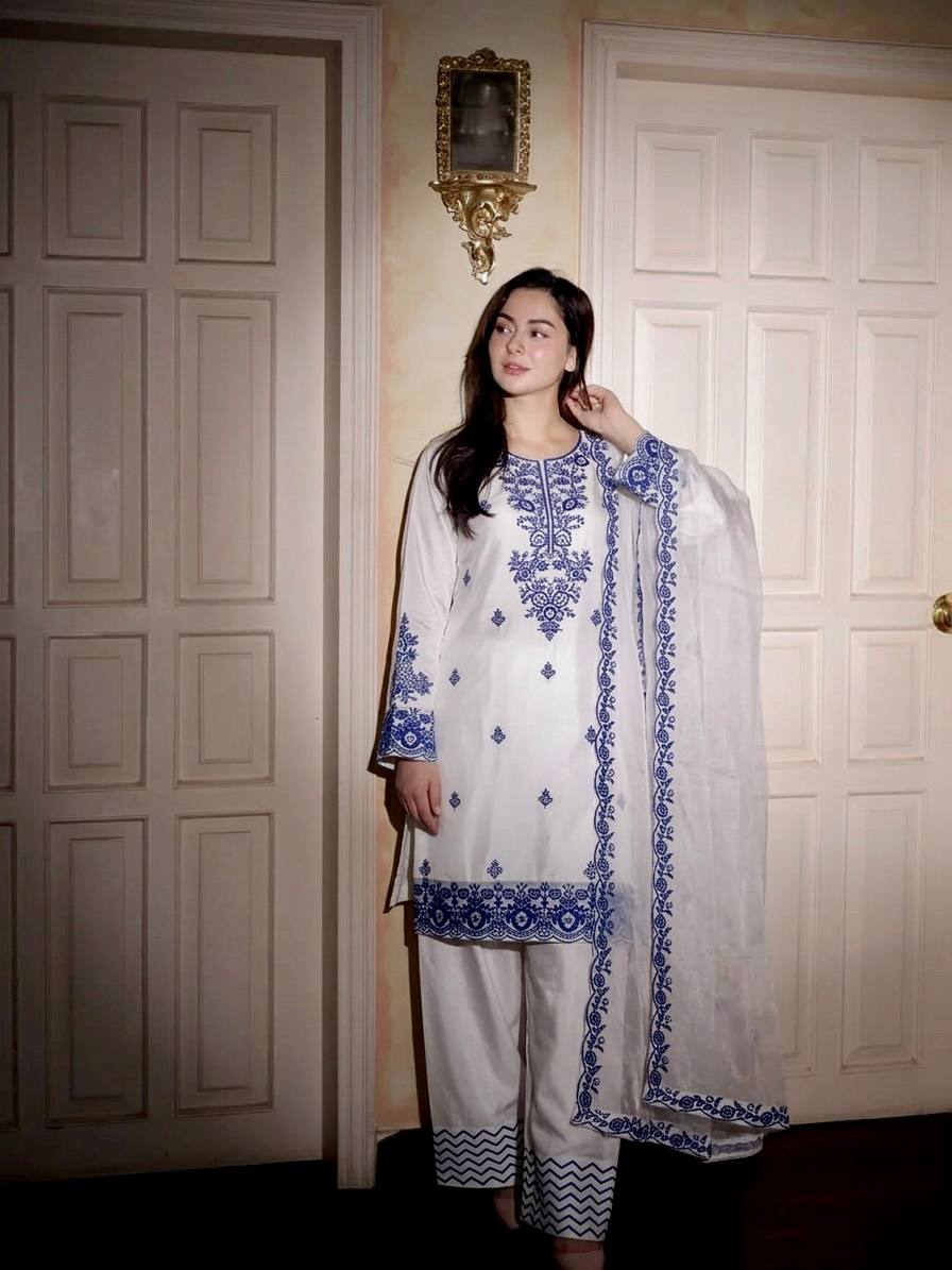 Designer Rayon Cotton Suit with Embroidered Farshi Pant & Silk Dupatta
