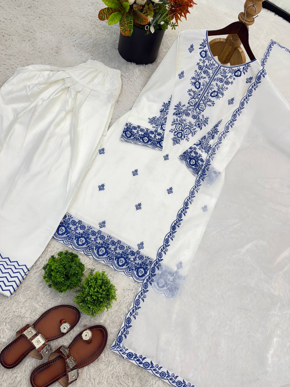 Designer Rayon Cotton Suit with Embroidered Farshi Pant & Silk Dupatta