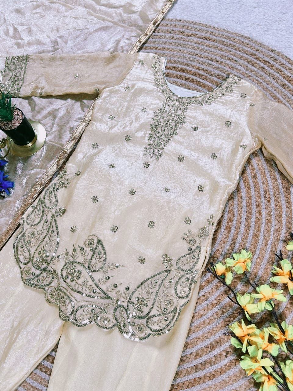 Zivara GMY Silk Sequins Embroidered Palazzo Suit with Dupatta